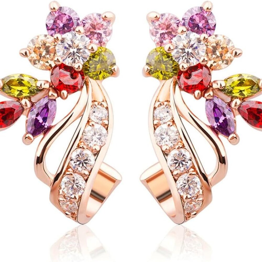 Rose Gold Plated Flower Stud Earrings Multicolor Cubic Zirconia Earrings for Wom